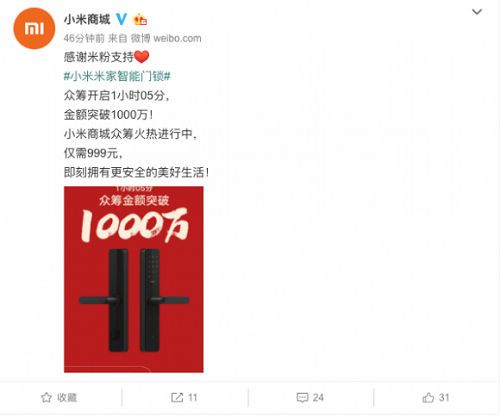 惊喜!小米米家智能门锁不到1小时05分,众筹金额即突破1000万!